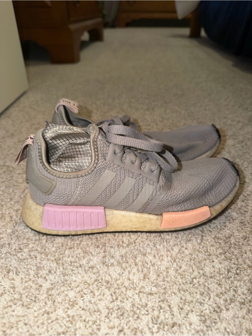 Adidas Gray NMD R1 Sneakers with Pink Accents